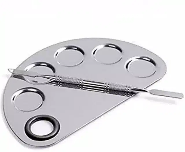 Stainless Steel Makeup Palette with Spatula, Set of 1, Silver