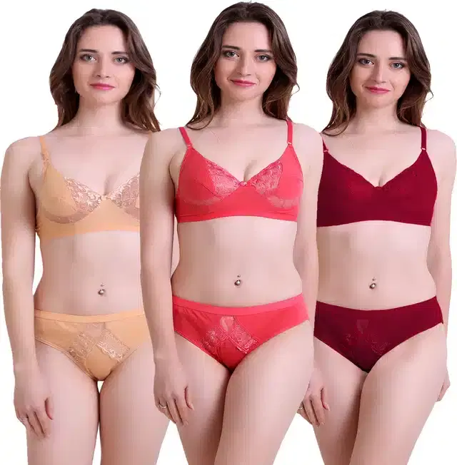 Silk Blend Lingerie Set for Women, Set of 3 (Multicolor, 36)