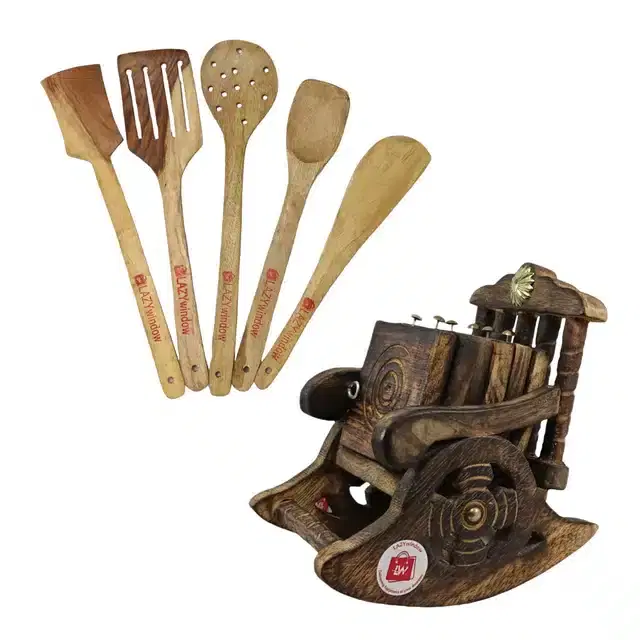 Coaster Set with a Set of 5 Wooden Skimmer & Serving Spoons, Set of 6, Multicolor