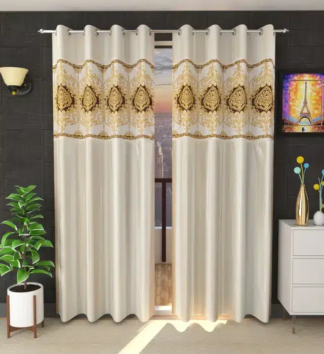 Polyester Patch Worked Window & Door Curtains, Pack of 2, Cream, 5 feet