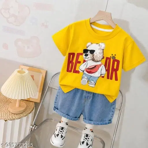 Bear Print T-Shirt & Denim Shorts Set for Boys (Yellow, 12-18 Months)