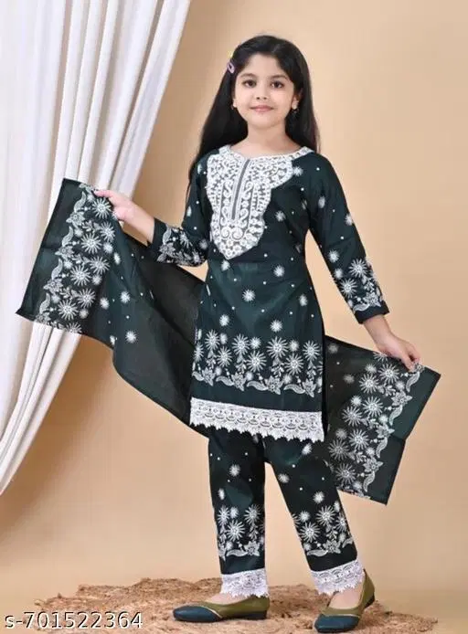 Cotton Kurta Set for Girls (Green, 9-10 Years)