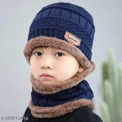 Woolen Solid Cap with Neck Warmer for Kids, Blue (Free Size)