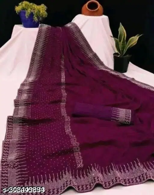 Chiffon Solid Saree For Women, Purple