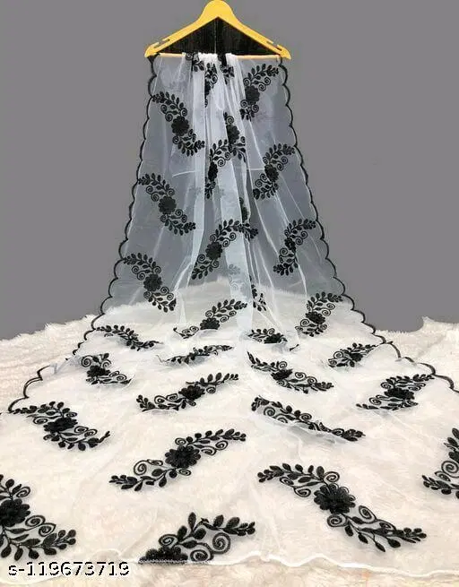 Embroidered Jaipuri Net Floral Sewing & Embroidery (White, Free Size)
