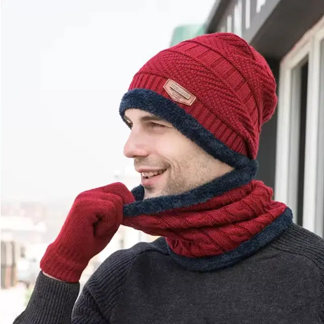 Woolen Cap with Neck Warmer for Men & Women, Set of 1 (Maroon)