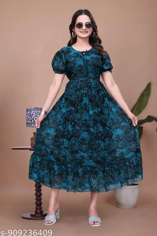 Floral One Piece Dress (Green, S)