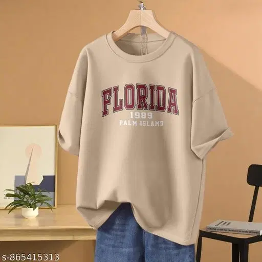 Cotton Blend Printed T-shirt for Women, Beige (XXS)