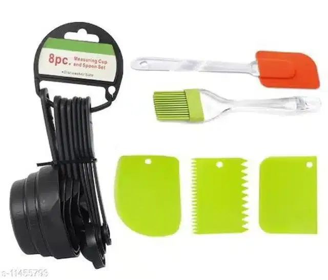 Plastic 8 Pcs Measuring Cups & Spoons with Spatula & Oil Brush with 3 Pcs Cake Scrapers, Multicolor, Set of 4