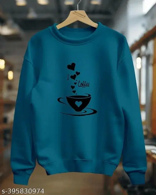 Cotton Printed Sweatshirt for Women (Teal, M)