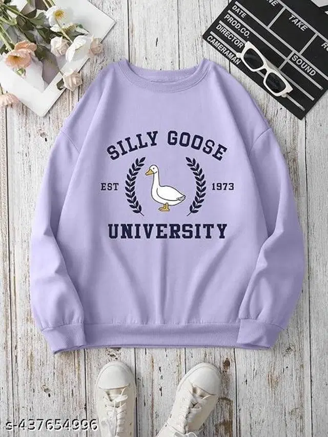 Cotton Blend Printed Sweatshirt for Women (Lavender, S)