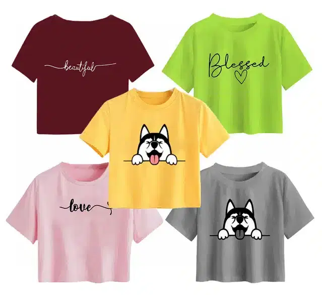 Cotton Printed Crop Tops for Girls, Pack of 5 (Multicolor, 13-14 Years)