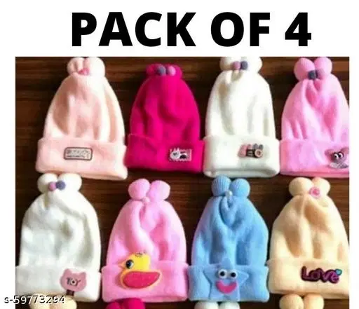 Woolen Caps for Kids, Pack of 4 (Multicolor, 0-3 Months)