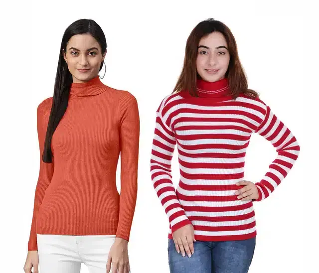 Full Sleeves Solid Sweater for Women, Pack of 2 (Orange & Red, M)