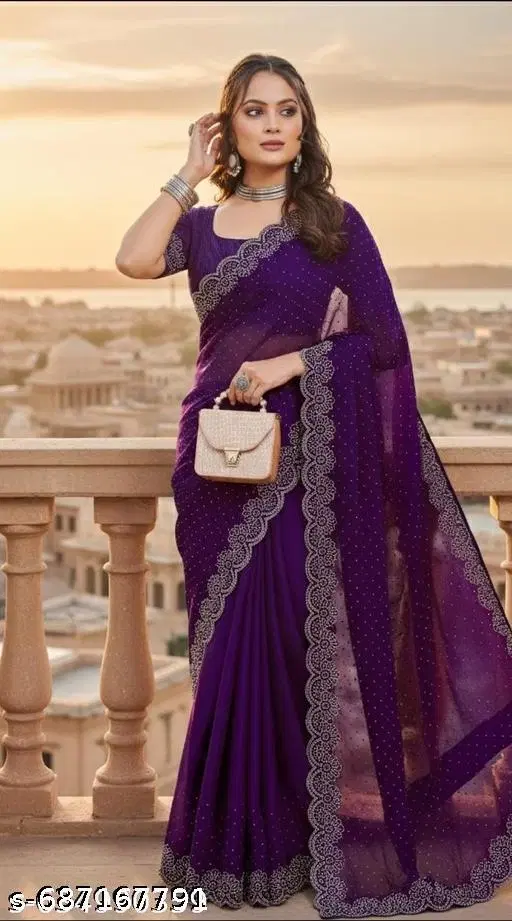Georgette Embellished Saree For Women, Purple