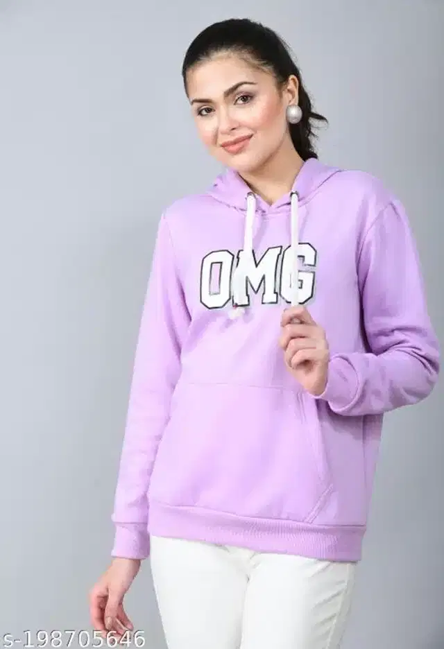 Cotton Blend Printed Full Sleeves Hooded Sweatshirt for Women (Lavender, L)