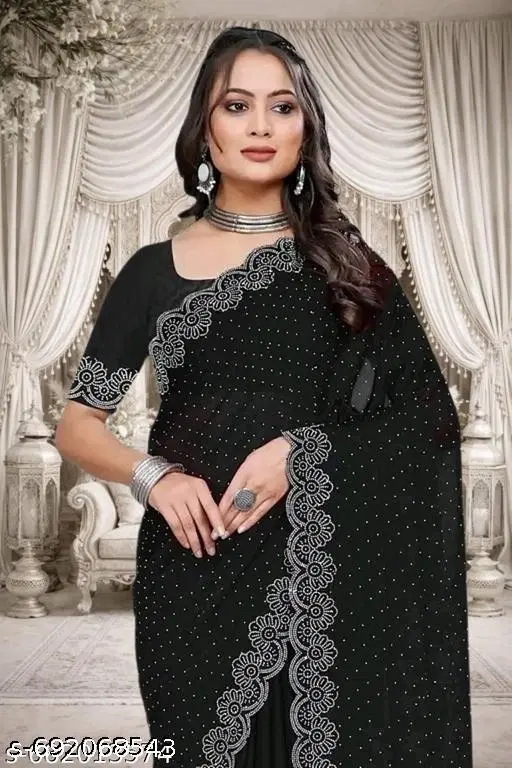 Chiffon Embroidered Saree For Women, Black