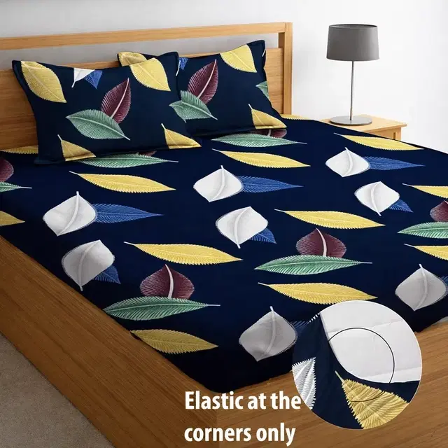 Microfibre Fitted Multicolor Leaf Bedsheet 78x72in Navy