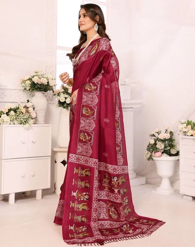 Kalamkari Printed Assam Silk Saree with Blouse for Women (Maroon, Free Size)
