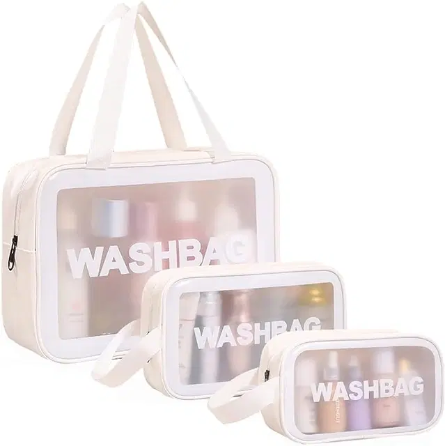 Portable Waterproof Zippered Cosmetic Bags, White, Set of 3