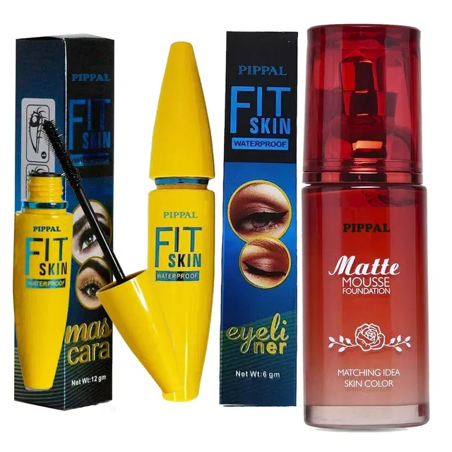 Pippal Matte Mouse Foundation, 60 ml with Fit Skin Mascara, 12 ml & Eyeliner, 6 ml, Set of 3