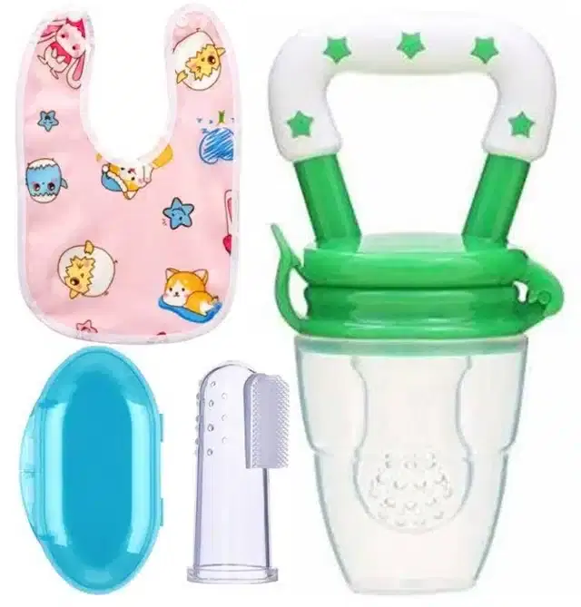 Silicone Fruit Feeder with Finger Brush & Bib for Kids, Multicolor, Set of 3