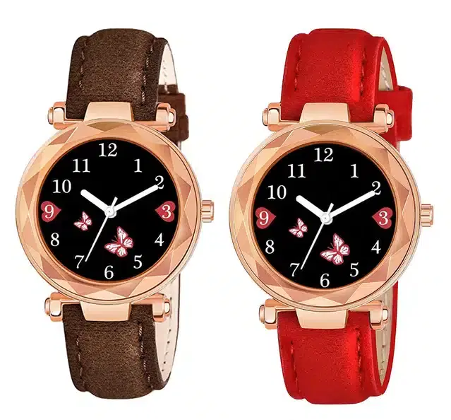 Designer Leather Analog Watch for Women & Girls, Pack of 2 (Brown & Red)