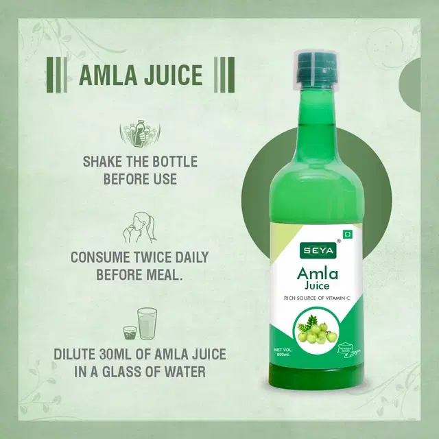 SEYA Amla Juice, 800ml / Rich Source of Vitamin C/No Added Sugar/Rich Vitamin & Mineral/For Skin, Hair & Health/Immunity Booster