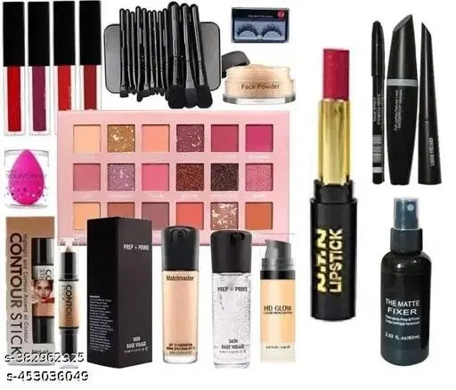 ProfasionalBest makeup combo of eyeshadow, lipstick,makeup brush, eyelashes,puff,fixer, primer, counter stick, foundation,matte lipstick,loose powder