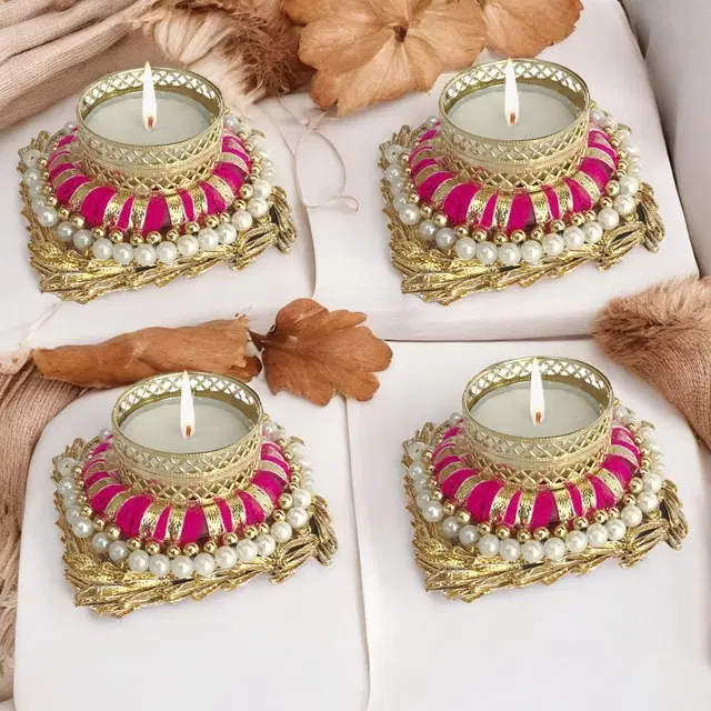 Metal Designer Tealight Candle Holder, Pink, 9.5x9.5x4 cm, Pack of 4