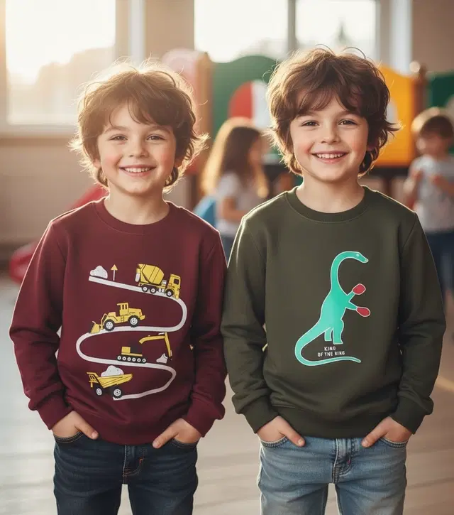 Round Neck Printed Wool Sweat Shirt For Boys, Multicolour (3-4 Years) ,Pack Of 2