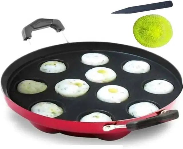 ZODEX 12 Cavities Non Stick Appam Patra with Lid and Side Handle, Multicolor, 21 cm