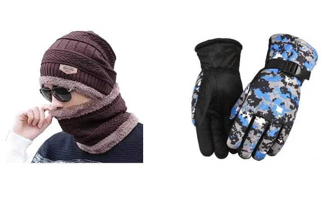 Woolen Cap with Neck Warmer & Gloves for Men & Women, Set of 2 (Multicolor)