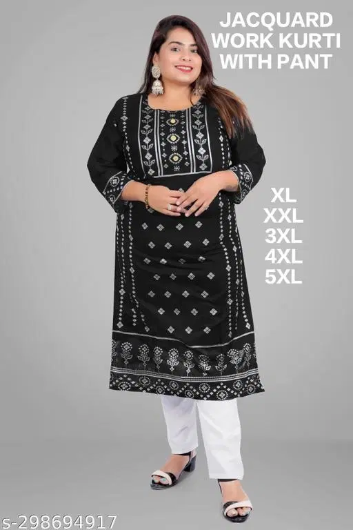 Chanderi Cotton Embroidered Kurti with Pant for Women (Black, XXL)
