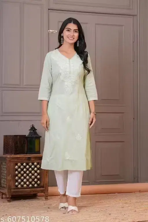 Cotton Chikankari Kurti for Women, Green (XL)