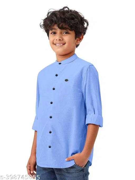 Solid Cotton Blend Mandarin Collar Long Sleeve Shirt for Boys (Aqua Blue, 8-9 Years)