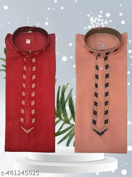 Abstract Embroidered Mandarin Neck Kurta for Men (Red, M)