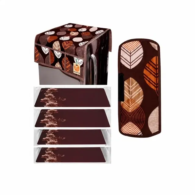 Grover 1 Fridge Top Cover with 1 Handle cover & 4 Placemat [Pack of 6] Brown