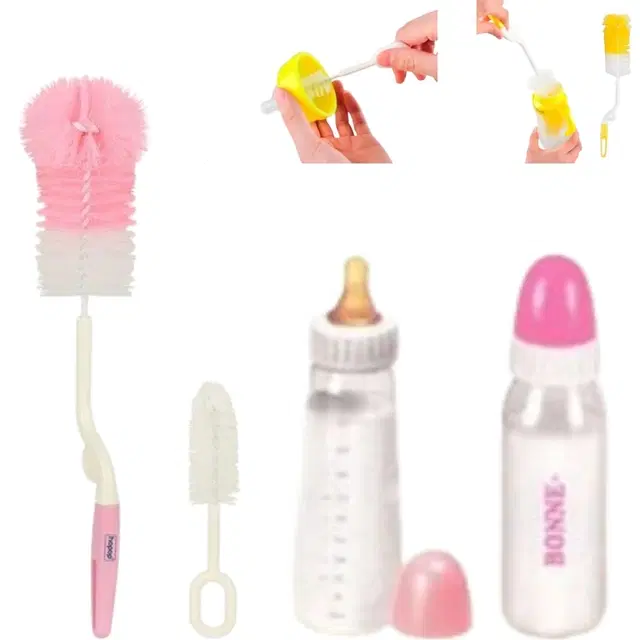 Combo of 2 Pcs Baby Milk Bottles, 225 ml with Bottle & Nipple Cleaning Brushes, Multicolor, Set of 4
