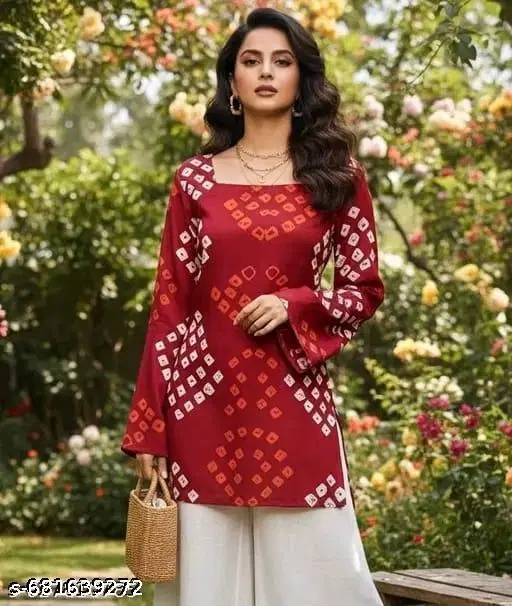 Rayon Printed Short Kurti for Women, Maroon (M)
