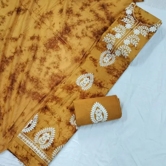 Cotton Tie-Dye Lucknowi Work Unstitched Suit Fabric with Dupatta for Women (Mustard, 2.25 m)