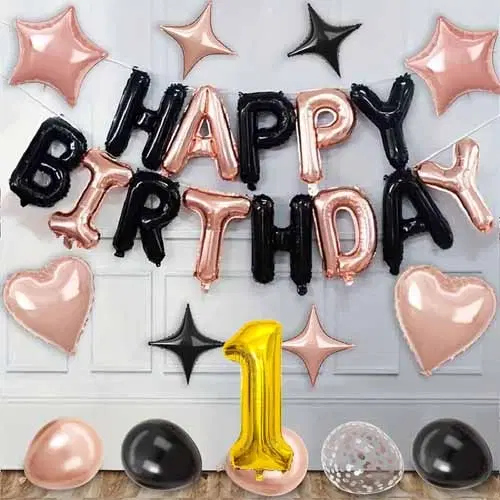 1st Happy Birthday Balloon Decoration Kit ,Rose Gold & Black ,Set Of 1