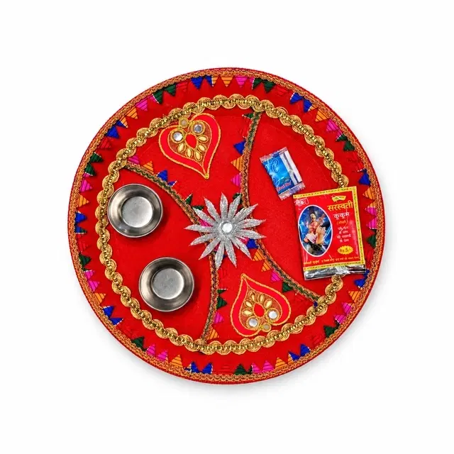 Red Velvet Stainless Steel Pooja Thali With Diyas & Kumkum Packet