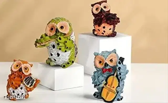 Resin Musical Guitar Owl Showpiece, Multicolor, Set of 4