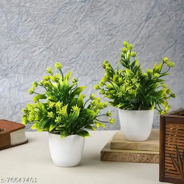 Artificial Plants with Pot, Green & White, Pack of 2