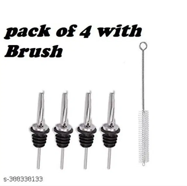 Stainless Steel Oil Pourer, 4 Pcs with Bottle Cleaning Brush, Silver & Black, Set of 2