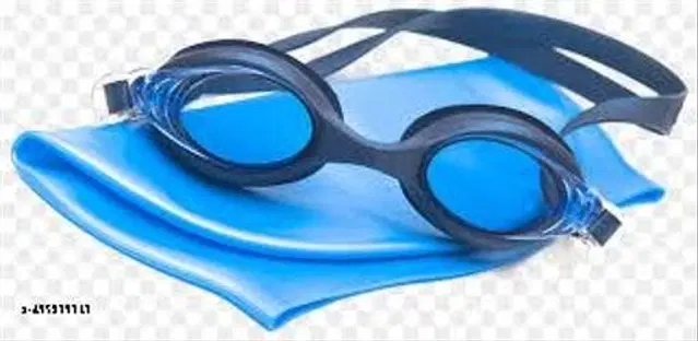 Silicone Swimming Cap with Goggles, Blue, Set of 2
