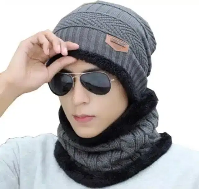 Winter Neck Warmer & Skull Cap Set for Men (Grey)