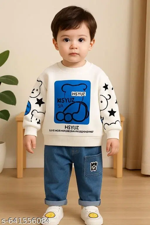 Hosiery Cotton & Denim Printed Clothing Set for Kids, White & Blue (6-9 Months)