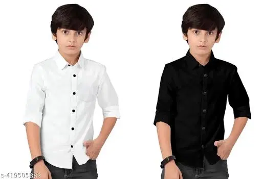 Solid Cotton Blend Long Sleeve Shirt for Boys, Pack of 2 (Black, 6-7 Years)